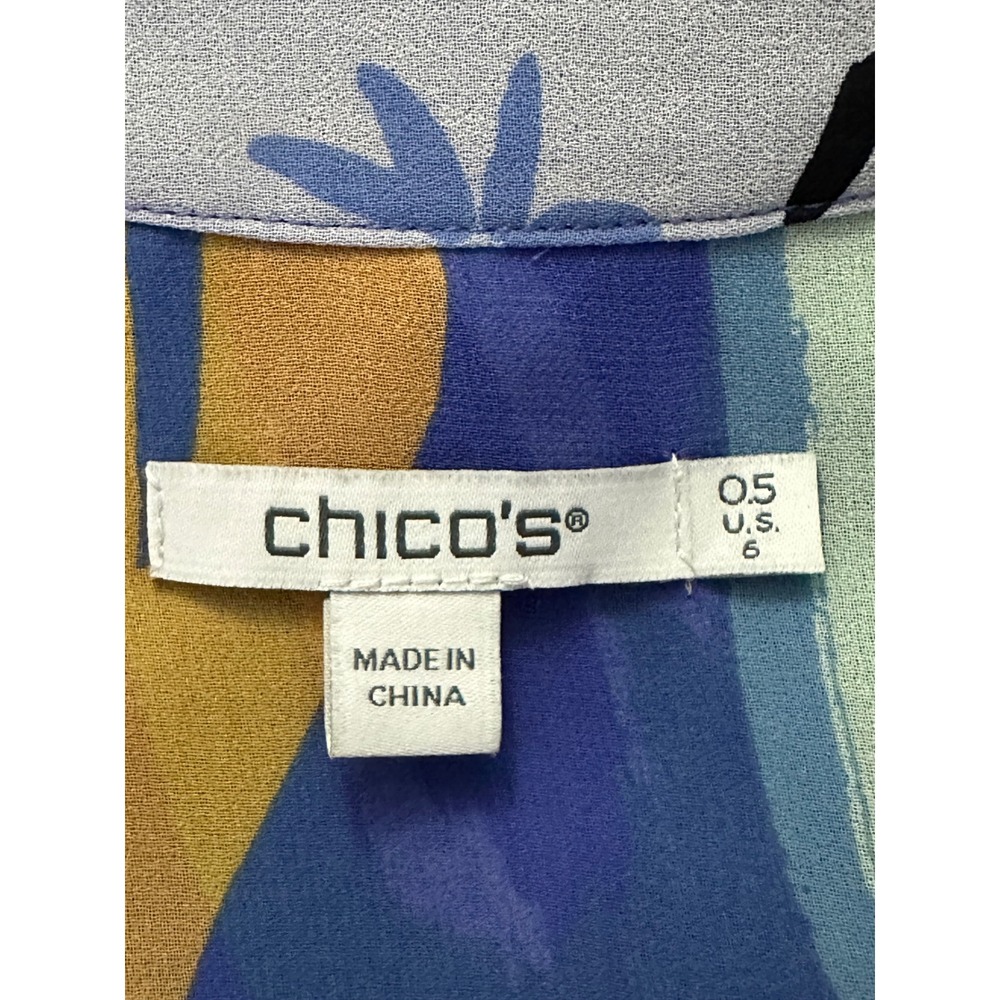 Chico's Abstract Print Chiffon Blouse Blue Multi Color Semi Sheer Size 6 - Picture 4 of 6